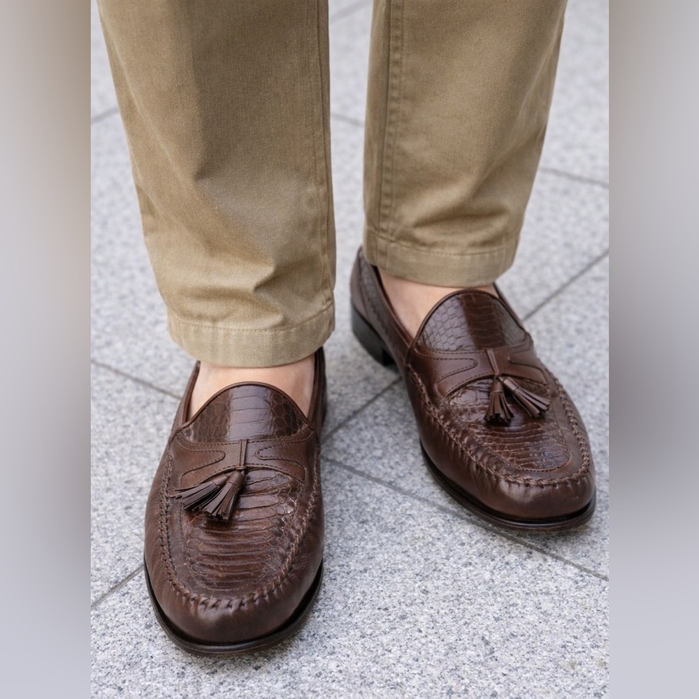 Domani Leather & Snakeskin Tasseled Loafers Slip On Shoes Men's size 13M 18-1007